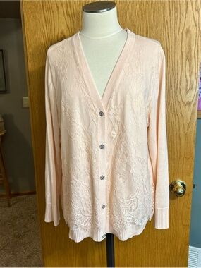 Isaac Mizrahi Light Pink Lace-Front Button Cardigan sweater XL working girl
